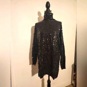 Black Sequin Turtle Neck Dress or Long Blouse 100% silk,Ellen Tracy brand